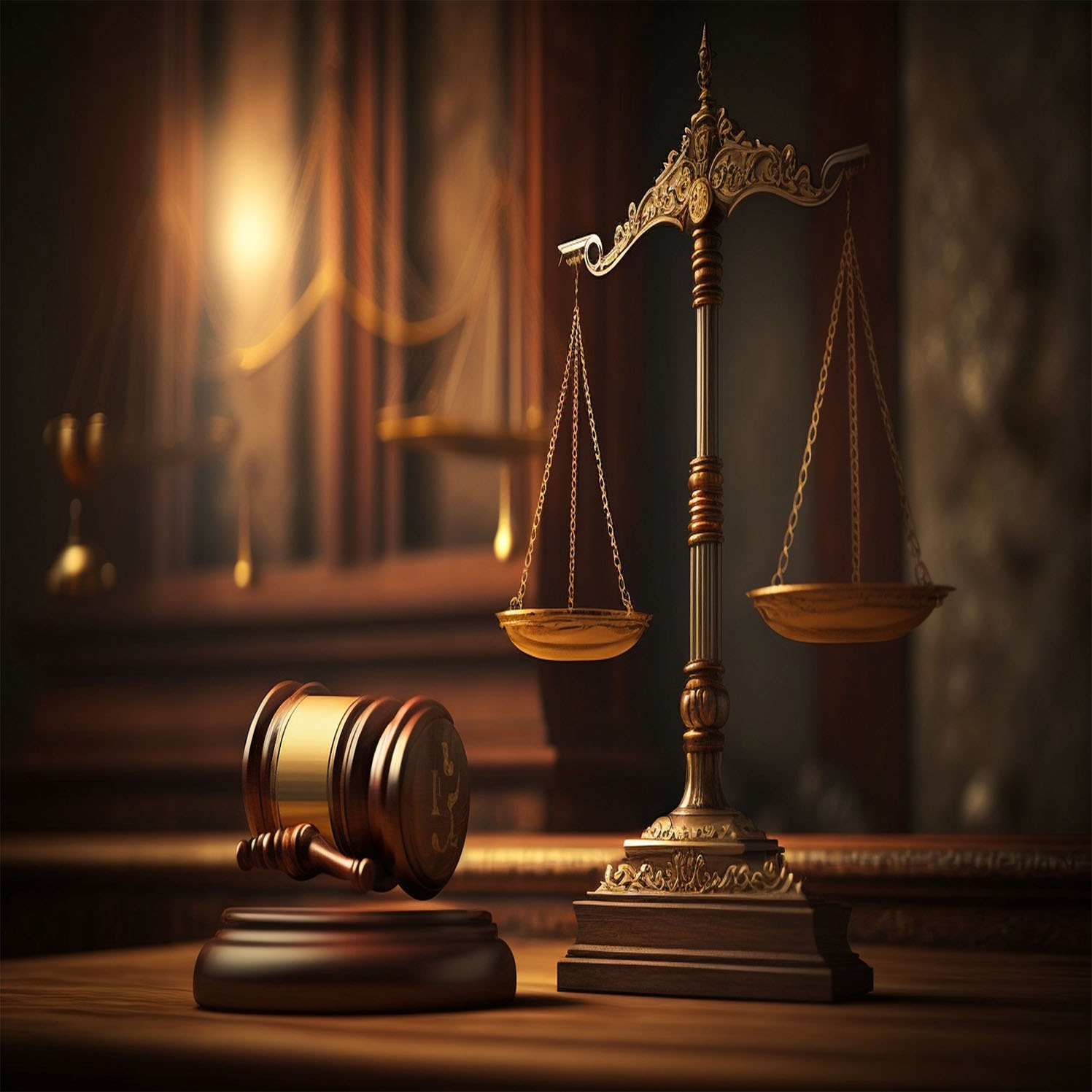 Scales of justice and a gavel sitting on a desk